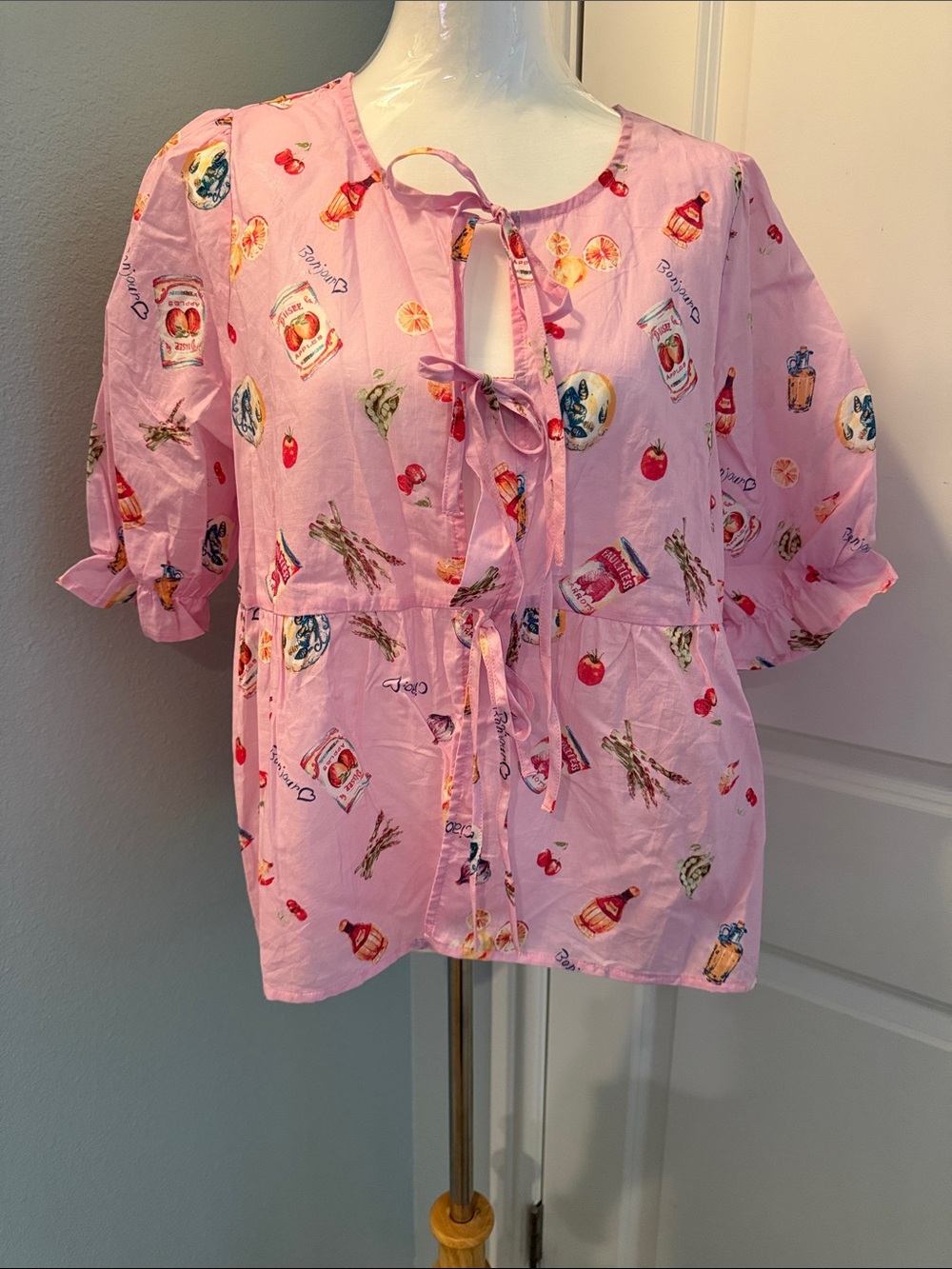 Tie-Front Pink Printed Peasant Blouse